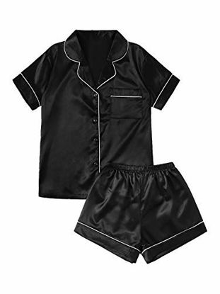 Picture of SweatyRocks Women's Short Sleeve Sleepwear Button Down Satin 2 Piece Pajama Set Black Medium