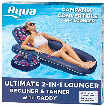 Picture of Aqua Campania Ultimate 2 in 1 Recliner & Tanner Pool Lounger with Adjustable Backrest and Caddy, Inflatable Pool Float, Navy Hibiscus (AQL14856AZ)