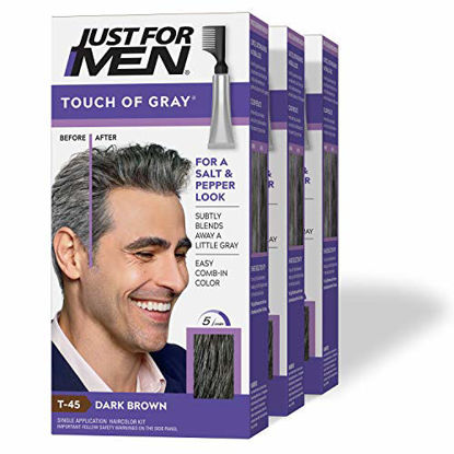Picture of Just For Men Touch of Gray, Gray Hair Coloring for Men with Comb Applicator, Great for a Salt and Pepper Look - Dark Brown, T-45 - Pack of 3 (Packaging May Vary)