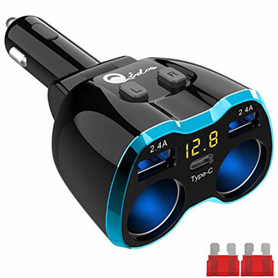 USB C Car Charger, Cigarette Lighter Splitter Adapter 2 Socket Type C Multi Power Outlet 12V/24V 80W DC with LED Voltmeter Switch 5.8A Dual USB Port