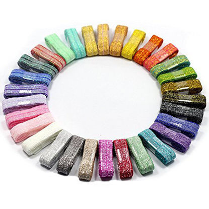 Picture of MorningRising Glitter Metallic Fold Over Elastic Stretch FOE Elastics for Hair Tie - 32 Yards - 5/8 Inch Wide - 1 Yard Each Solid Color - Variety Color Headband Elastic Pack