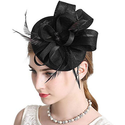 Picture of Sinamay Feather Fascinators Womens Pillbox Flower Derby Hat for Cocktail Ball Wedding Church Tea Party Black Color