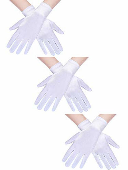 Picture of Jovitec 3 Pairs Women Short Satin Gloves Wrist Length Gloves Gown Gloves Opera Gloves for Party (White)