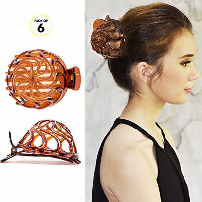Picture of RC ROCHE ORNAMENT 6 Pcs Womens Shell Dome Round Circle Stylish Plastic Strong Grip Hinge Side Slide Bun Maker Clips Girls Beauty Accessory Hair Clip, Large Brown