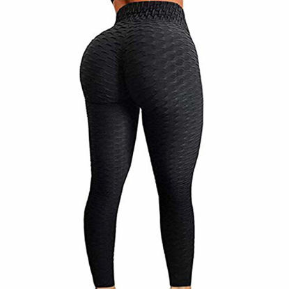 Picture of FITTOO Womens High Waist Textured Workout Leggings Booty Scrunch Yoga Pants Slimming Ruched Tights Black XL
