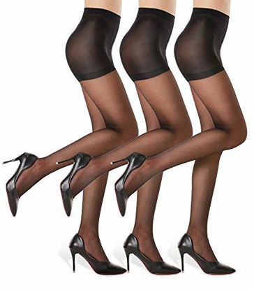 Picture of 3 Pairs Women's Sheer Tights - 20D Control Top Pantyhose with Reinforced Toes, Black, L