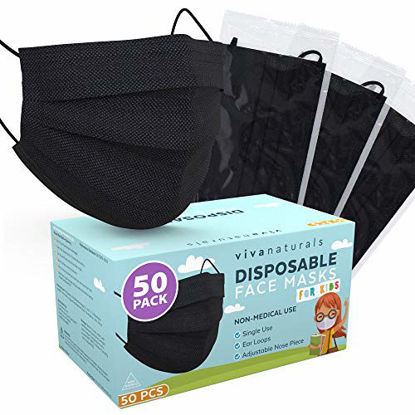 Picture of Face Masks for Kids (50 Pack) - 4-Ply Kids Face Mask, Premium Designed Kids Mask with Longer Earloops & Adjustable Metal Nose Strip, Disposable Black Face Mask for Indoor, and Outdoor Use