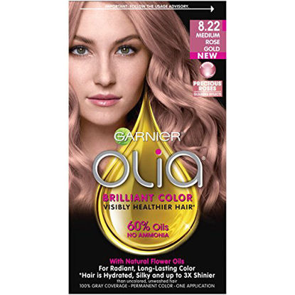 Picture of Garnier Olia Ammonia-Free Brilliant Color Oil-Rich Permanent Hair Color, 8.22 Medium Rose Gold (Pack of 1) Pink Hair Dye (Packaging May Vary)