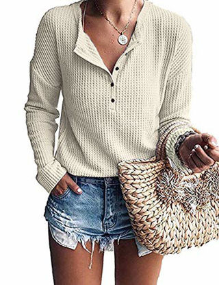 Picture of WNEEDU Women's Long Sleeve Waffle Knit Tunic Blouse Casual Button Up Henley Shirts Plain Tops Beige M