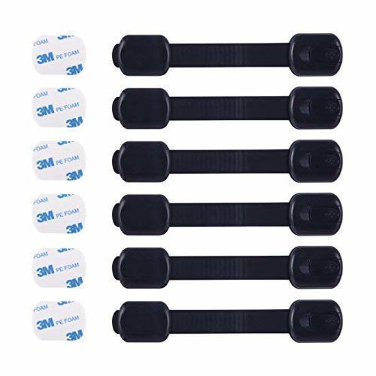 Black, 6 CUTESAFETY Child Proof Safety Locks Adjustable Strap Latches to Cabinets,Drawers,Cupboard,Oven,Fridge,Closet Seat,Door,Window Baby Proofing Cabinet Lock with 6 Extra 3M Adhesives 