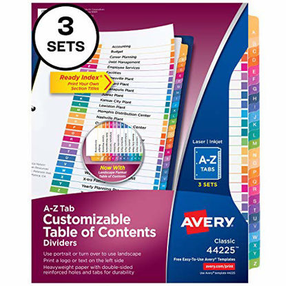Picture of Avery A-Z Tab Dividers for 3 Ring Binders, Customizable Table of Contents, Multicolor Tabs, 3 Sets (44225)