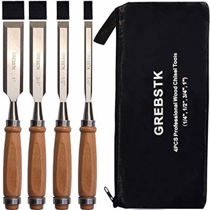 Picture of GREBSTK Professional Wood Chisel Tool Sets Sturdy Chrome Vanadium Steel Chisel Beech Handles Woodworking Tools, 4PCS, 1/4 inch,1/2 inch,3/4 inch,1 inch