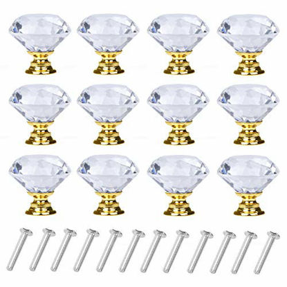 Picture of YourGift 12 Pack Drawer Knobs Diamond Shaped Crystal Glass 30mm Cabinet Knobs Pull Handles (Gold)