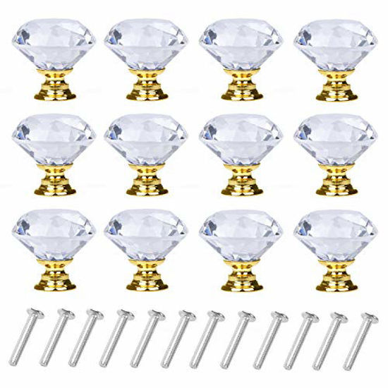 Picture of YourGift 12 Pack Drawer Knobs Diamond Shaped Crystal Glass 30mm Cabinet Knobs Pull Handles (Gold)