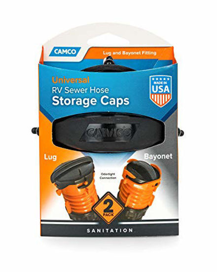 Picture of Camco RV Sewer Hose Storage Cap Set - Lug and Bayonet Caps | Allows You to Seal Both Ends of Your Sewer Hose Before Storing | Odor and Leak Proof Connection - 2 Pack (39752)