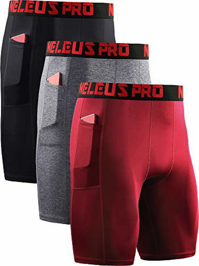 GetUSCart- Neleus Men's Compression Shorts with Pockets 3  Pack,6064,Black/Grey/Red,US 2XL,EU 3XL