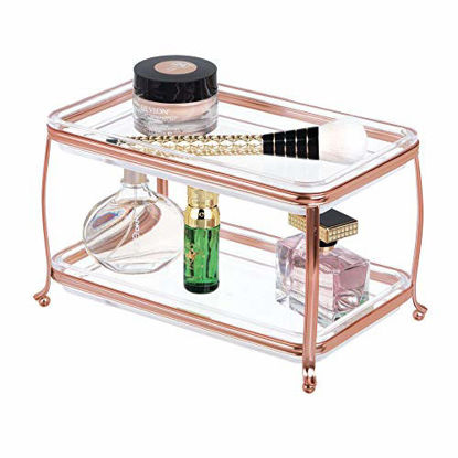 Picture of mDesign Decorative Makeup Storage Organizer Vanity Tray for Bathroom Counter Tops, 2 Levels to Hold Makeup Brushes, Eyeshadow Palettes, Lipstick, Perfume and Jewelry - Rose Gold/Clear