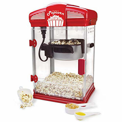 Picture of West Bend Hot Oil Theater Style Popcorn Popper Machine with Nonstick Kettle Includes Measuring Tool and Serving Scoop, 4-Ounce, Red