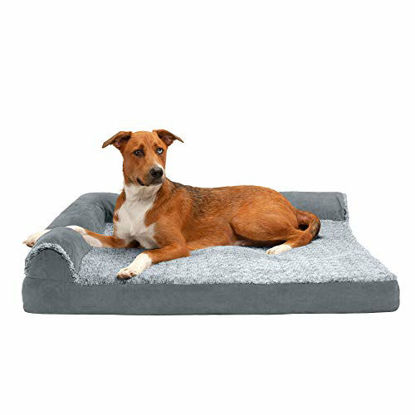 Picture of Furhaven Pet Dog Bed - Deluxe Cooling Gel Memory Foam Two-Tone Plush and Suede L Shaped Chaise Lounge Living Room Corner Couch Pet Bed with Removable Cover for Dogs and Cats, Stone Gray, Jumbo