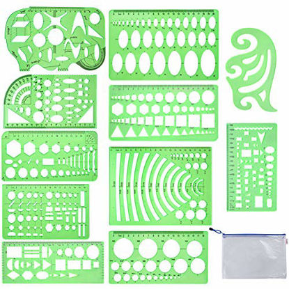 Picture of QincLing 11 Pieces Geometric Drawings Templates Stencils Plastic Measuring Template Rulers Clear Green Shape Template for Drawing Engineering Drafting Building School Office Supplies