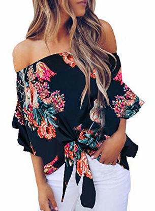 Picture of Asvivid Floral Tops for Women Casual Off The Shoulder Summer Blouses 3 4 Flared Bell Sleeve Shirts Tie Knot T-Shirt M Blue