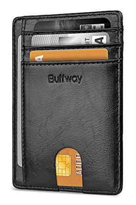 Picture of Buffway Slim Minimalist Front Pocket RFID Blocking Leather Wallets for Men Women - Alaska Black