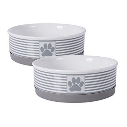 Picture of Bone Dry Paw Patch & Stripes Ceramic Pet Bowl & Canister Collection, Medium Bowl Set - 6 x 6 x 2", Gray, 2 Piece