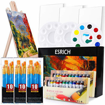 Picture of Acrylic Painting Set with 1 Wooden Easel 3 Canvas Panels30 pcs Nylon Hair Brushes 3 PCS Paint Plates and 2 PCS of 12ml Acrylic Paint in 12 Colors for Acrylic Painting Artist Professional Kit