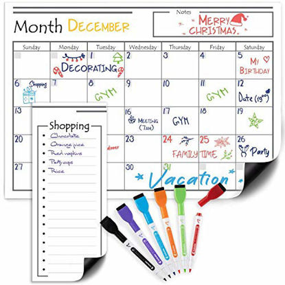 Picture of USA Made Magnetic Dry Erase Calendar for Refrigerator with 6 Markers & Magnetic Shopping List - Kitchen Fridge Calendar White Board, Schedule Planner Wall Set