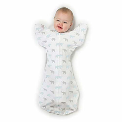 Picture of Amazing Baby Transitional Swaddle Sack with Arms Up Half-Length Sleeves and Mitten Cuffs, Tiny Elephants, Blue, Medium, 3-6 Months (Parents Picks Award Winner, Easy Transition with Better Sleep)