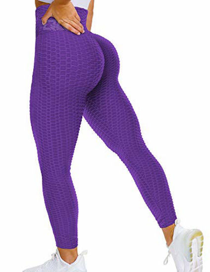GetUSCart- QOQ Women's High Waist Yoga Pants Tummy Control Slimming  Textured Booty Leggings Workout Ruched Butt Lift Tie Dye Pants Purple M