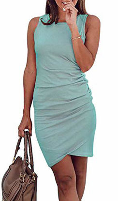 Picture of BTFBM Women Casual Crew Neck Ruched Sleeveless Tank Bodycon 2020 Shirt Short Mini Dresses (106Green, Small)