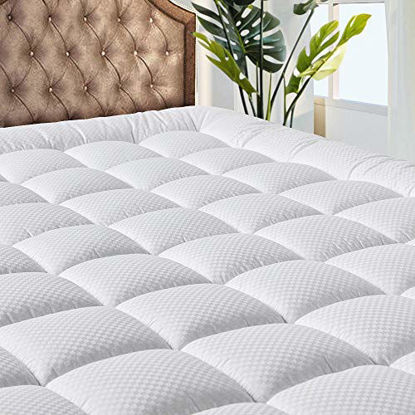 Picture of MATBEBY Bedding Quilted Fitted Queen Mattress Pad Cooling Breathable Fluffy Soft Mattress Pad Stretches up to 21 Inch Deep, Queen Size, White, Mattress Topper Mattress Protector