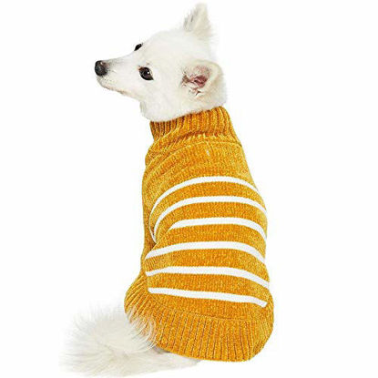 Picture of Blueberry Pet Cozy Soft Chenille Classy Striped Dog Sweater in Mustard, Back Length 14", Pack of 1 Clothes for Dogs