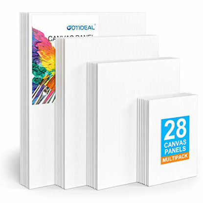 Picture of GOTIDEAL Canvas Panels Multi Pack, 5x7", 8x10", 9x12", 11x14" Set of 28,Professional Primed White Blank- 100% Cotton Artist Canvas Boards for Painting, Acrylic Paint, Oil Paint Dry & Wet Art Media