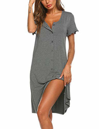 Picture of Ekouaer Women's Nightshirt Short Sleeve Button Down Nightgown V-Neck Sleepwear Pajama Dress, Grey, Large