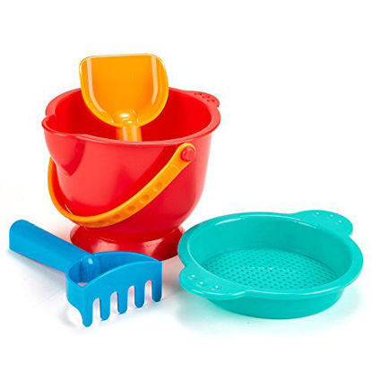 Picture of Hape Beach Basics Sand Toy Set Including Bucket Sifter, Rake, and Shovel Toys, Multicolor