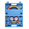 Picture of 3 Way AC Diagnostic Manifold Gauge Set for Freon Charging, Fits R134A R12 R22 and R502 Refrigerants, with 3FT Hose, Acme Tank Adapters, Quick Couplers and Can Tap