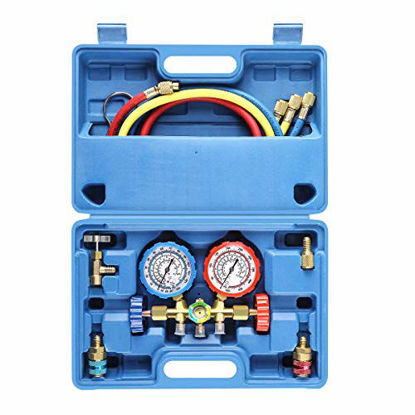 Picture of 3 Way AC Diagnostic Manifold Gauge Set for Freon Charging, Fits R134A R12 R22 and R502 Refrigerants, with 3FT Hose, Acme Tank Adapters, Quick Couplers and Can Tap