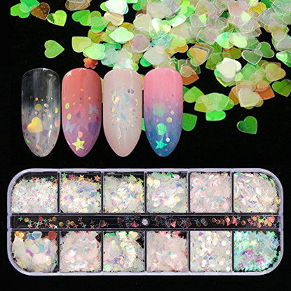 Picture of 12 Shaped Holographic Nail Sequins Iridescent Mermaid Flakes Colorful Glitter Sticker Manicure Nail Art Design Make Up DIY Decals Decoration