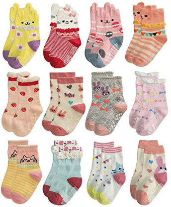 Picture of RATIVE Non Skid Anti Slip Cotton Dress Crew Socks With Grips For Baby Infant Toddler Kids Girls (12-24 Months, 12-pairs/RG-820726)