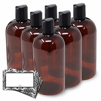Picture of Baire Bottles 16 Ounce Plastic Bottles with Waterproof Labels - 6 Pack (Amber/Brown with Black Disc, Damask Labels)