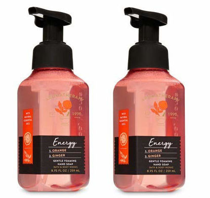Picture of Bath and Body Works 2 Pack Aromatherapy Energy Orange Ginger Gentle Foaming Hand Soap 8.75 Ounce Dark Brown Bottle with Orange Band