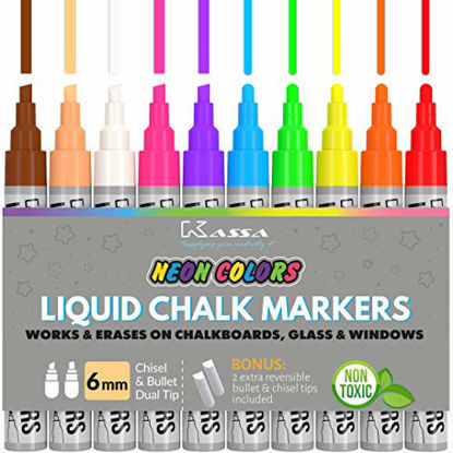 Picture of Kassa Liquid Chalk Markers for Blackboards (10 Neon Colors) - Chalkboard Marker Erases on Glass, Window, Black Board, Mirror - Chalk Pens Include Reversible Chisel & Bullet Tip - Non-Toxic Ink