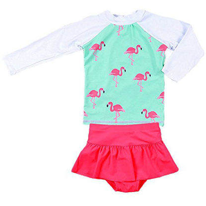 Picture of Jojobaby Baby Girls Kids 2Pcs Long Sleeve Flamingo Swimsuit Rash Guard Bathing Suit UPF 50+ UV (8-9 Years, Blue-Flamingo)