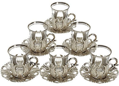 Picture of 6 X CopperBull 2018 Turkish Tea Glasses Set with Saucers Holders & Spoons (Silver)