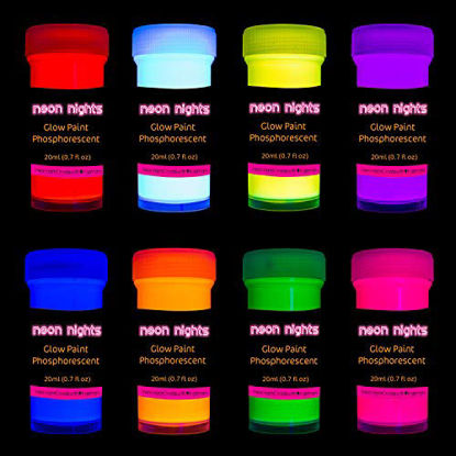 Picture of Premium Glow in the Dark Acrylic Paint Set by neon nights - Set of 8 Professional Grade Neon Craft Paints - Long-Lasting Self-Luminous Paint Handcrafted in Germany - 8 x 20 ml / 0.7 fl oz 