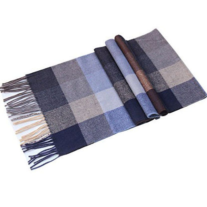 Picture of Lucky Leaf Women Men Winter Cozy Wool Warm Tartan Checked Plaid Wrap Scarf (Blue Brown Plaid)