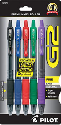 Picture of Pilot G2 Retractable Premium Gel Ink Roller Ball Pens, Fine Point, 5-Pack, Assorted Colors, Black/Blue/Red/Green/Purple (31079)