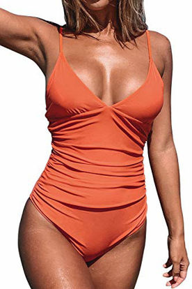 Picture of CUPSHE Women's V Neck Shirring Swimsuit,Orange, M